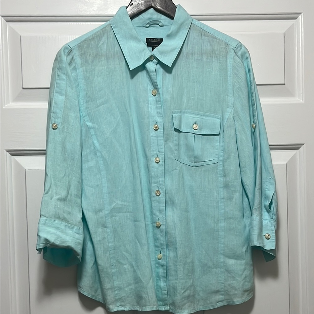 Talbots Casual Button Down Shirt with Three-Quarter Sleeves and Relaxed Fit